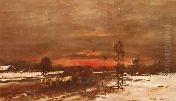 A Winter Landscape at Sunset Oil Painting by Mihaly Munkacsy