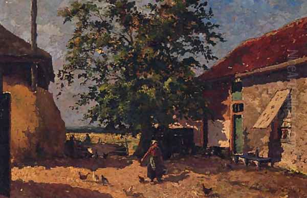 Feeding The Chickens In A Farmyard Oil Painting by Mihaly Munkacsy