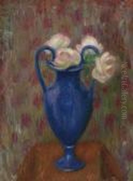 Pink Roses In Blue Urn Oil Painting by William Glackens