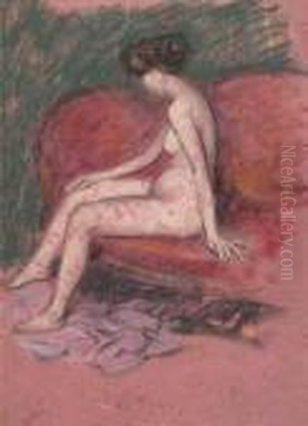 Nude On A Red Couch Oil Painting by William Glackens