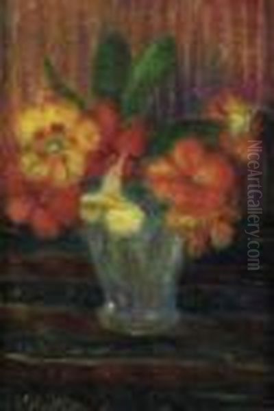 Nasturtiums In A Glass Oil Painting by William Glackens