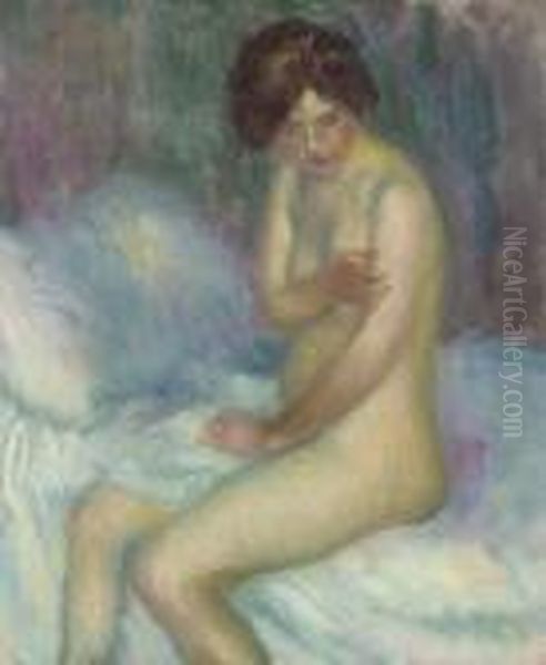 Nude Sitting On A Bed Oil Painting by William Glackens