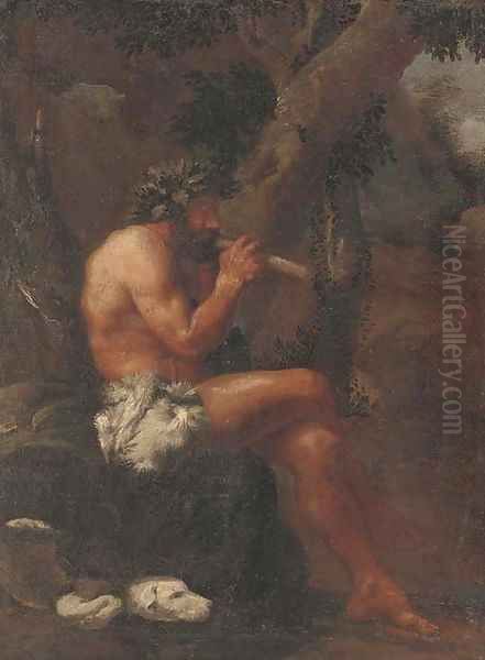 Pan playing his pipes in a wooded clearing Oil Painting by Pier Francesco Mola