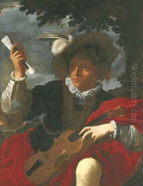 A boy in a plumed hat holding a violin and a sheet of music Oil Painting by Pier Francesco Mola