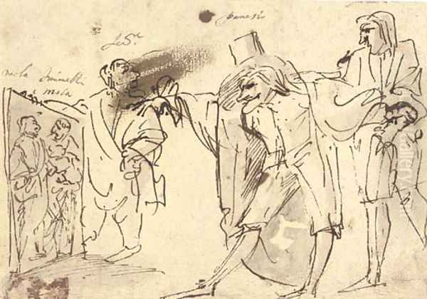 A caricature of the artist presenting a picture of himself and Simonelli to the collector Panesio and another spectator Oil Painting by Pier Francesco Mola