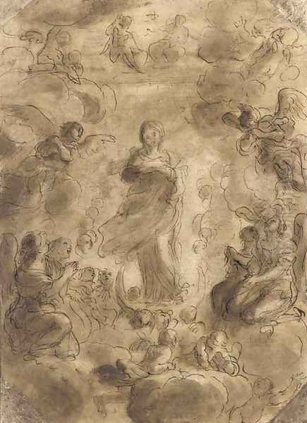 The Virgin Immaculate below the Trinity surrounded by putti and angels Oil Painting by Pier Francesco Mola