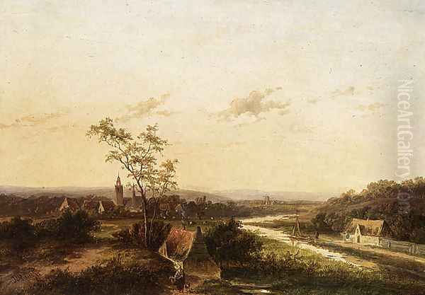 An Extensive Summer Landscape With A Town In The Background Oil Painting by Jan Evert Morel