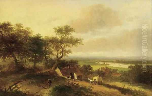 A haycart by a farm in a panoramic river landscape Oil Painting by Jan Evert Morel