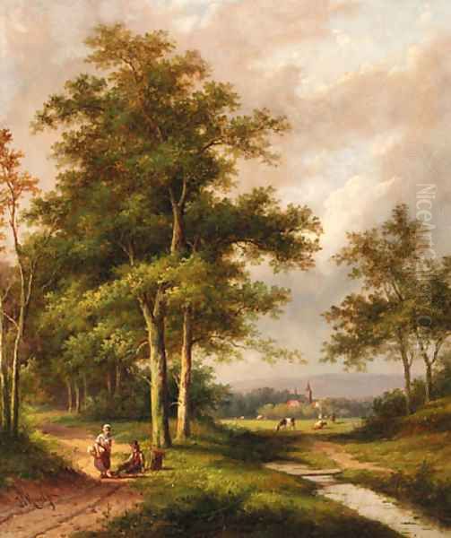 A wooded river landscape with travellers Oil Painting by Jan Evert Morel