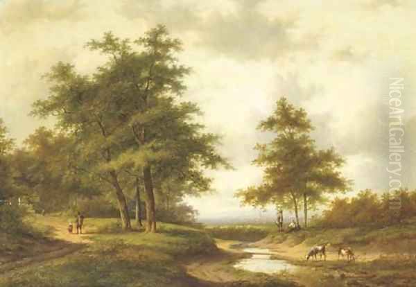 Figures resting by a ford, a town in a valley beyond Oil Painting by Jan Evert Morel