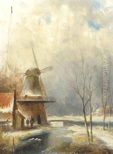 A winter landscape with peasants conversing by a windmill Oil Painting by Jan Evert Morel