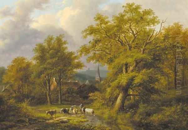 A wooded landscape with a herdsman with flock Oil Painting by Jan Evert Morel