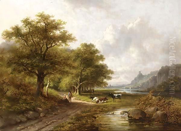 A wooded landscape with peasants resting on a sandy track Oil Painting by Jan Evert Morel