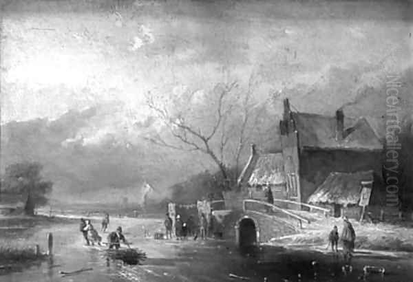 Peasants skating and conversing by a koek en zoopie on a frozen river Oil Painting by Jan Evert Morel