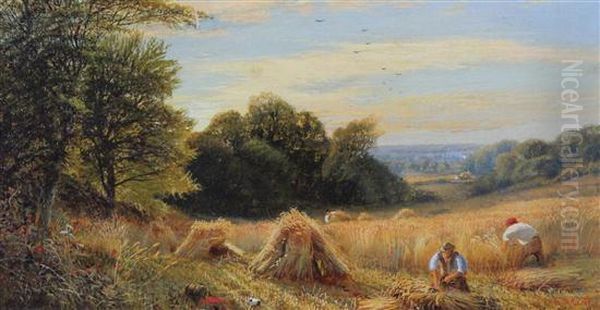 Harvesters At Work And Reed Gatherer In A Punt Oil Painting by Alfred Augustus Glendening