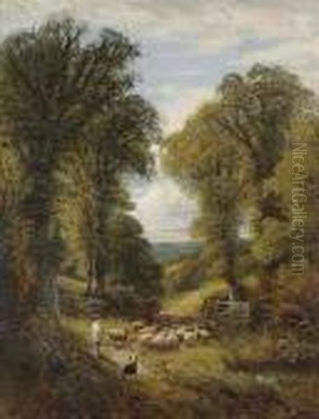 A Shepherd And His Flock Changing Pastures Oil Painting by Alfred Augustus Glendening