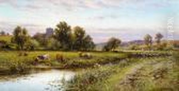 Haymaking Near Lewes, Sussex Oil Painting by Alfred Augustus Glendening