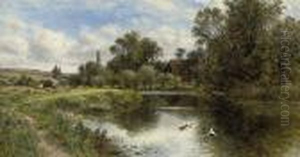 Ducks On A Pond, A Cottage Beyond Oil Painting by Alfred Augustus Glendening