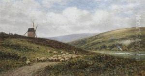 Shepherd And Flock On A Hillside Oil Painting by Alfred Augustus Glendening