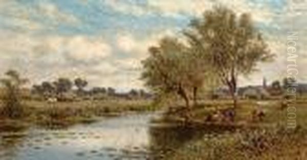 River Landscape With Haymakers Oil Painting by Alfred Augustus Glendening