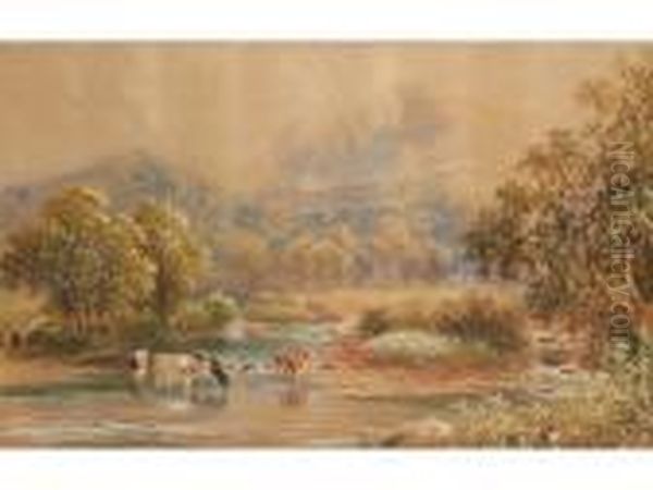 Cattle Watering In A River Oil Painting by Alfred Augustus Glendening