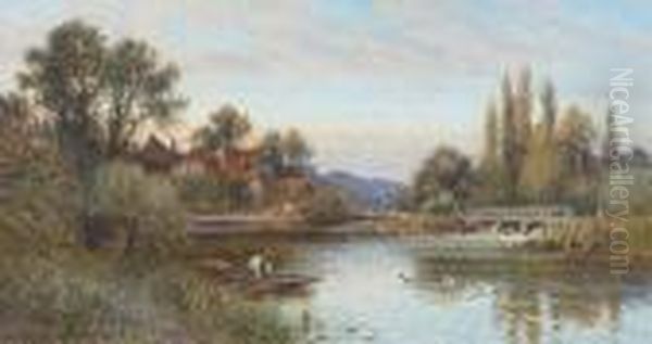 Idyllic River Landscape With Figure In A Punt Oil Painting by Alfred Augustus Glendening