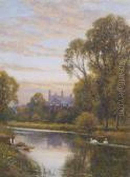 Swans And A Boat On The Water At Sunset Oil Painting by Alfred Augustus Glendening