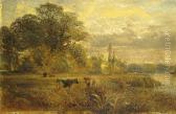 Cattle Watering; A Secluded Pond (a Pair) Oil Painting by Alfred Augustus Glendening