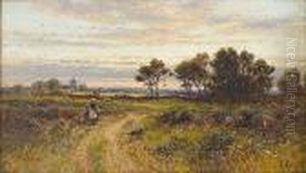 Sheep And Shepherd In A Landscape; Figures On A Country Lane Oil Painting by Alfred Augustus Glendening