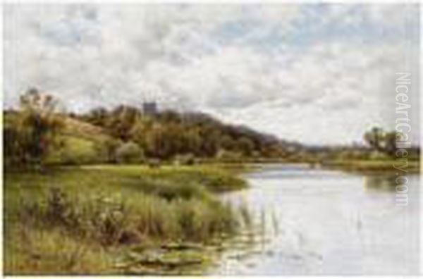 Cattle Grazing In A River Landscape With A Church Beyond Oil Painting by Alfred Augustus Glendening