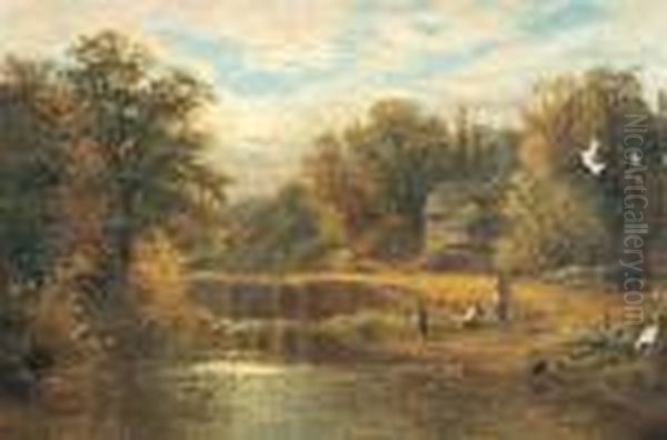 Fishing Along The Mill Stream. Oil Painting by Alfred Augustus Glendening