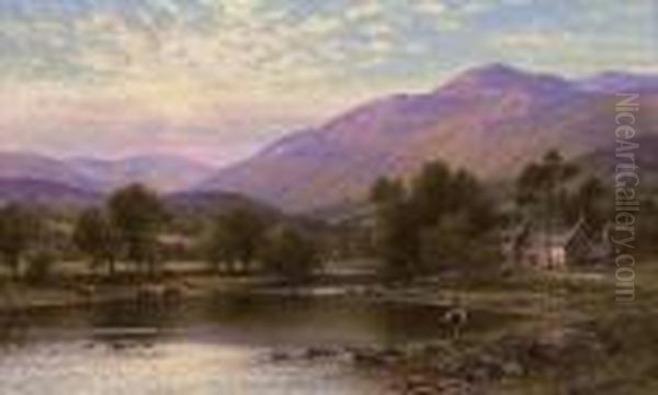 An Angler On The Derwent, Cumberland Oil Painting by Alfred Augustus Glendening