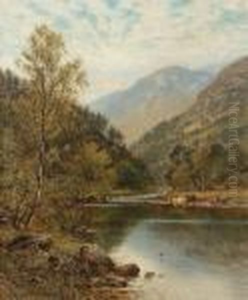 Mountainous Landscape With Cattle Watering By A River Oil Painting by Alfred Augustus Glendening