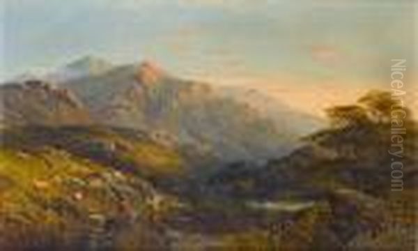 Figures In A Highland Landscape At Sunset Oil Painting by Alfred Augustus Glendening