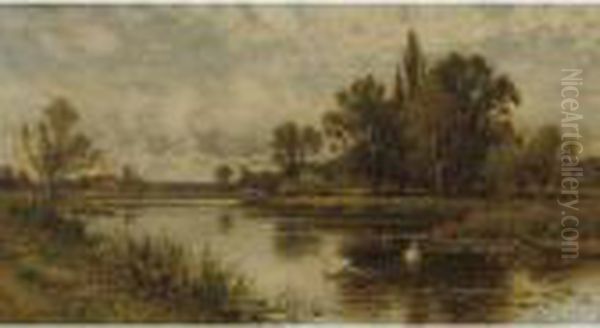 Landscape With Pond And Swanns Oil Painting by Alfred Augustus Glendening