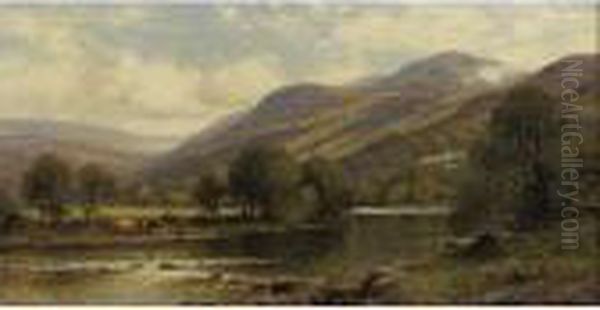 River Landscape With Watering Cattle Oil Painting by Alfred Augustus Glendening