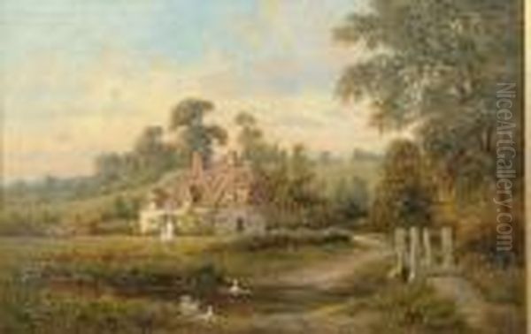 A View Of A Thatched Cottage With Figures Beside A River Oil Painting by Alfred Augustus Glendening