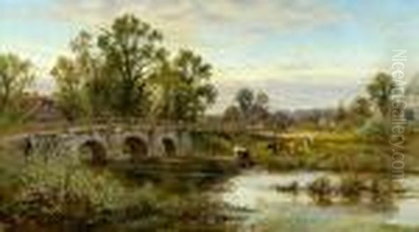 A Figure Crossing A Bridge Over A River With Cattle Watering At The Bank Oil Painting by Alfred Augustus Glendening