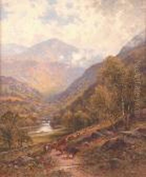 A Drover With His Cattle In A River Valley Oil Painting by Alfred Augustus Glendening