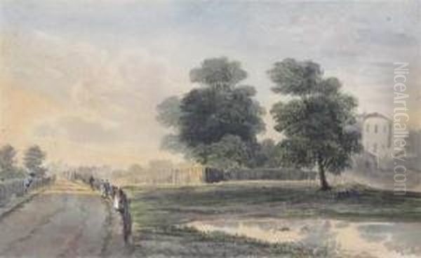 View Of Hampstead With Figures Near A Pond Oil Painting by John Glover