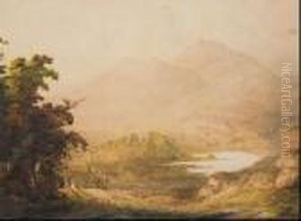 Extensive Mountain And Lake Landscape In Tasmania With 
Figures In The Foreground Oil Painting by John Glover