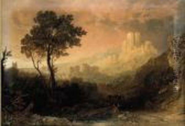 A Drover And Cattle Below A Ruined Castle Oil Painting by John Glover