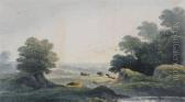 Cattle By A Pond With A Distant Landscape Oil Painting by John Glover