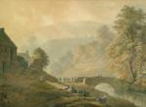 River Ravine In Summer With Figures And Animals By A Bridge Oil Painting by John Glover