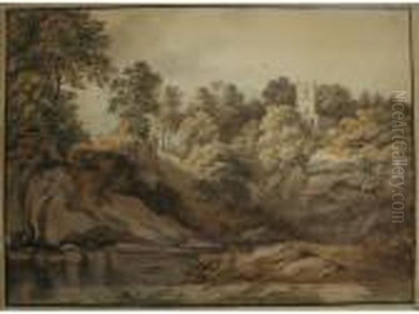 A Wooded Country Pool By A Church Oil Painting by John Glover