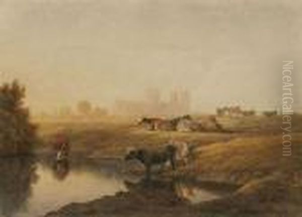 Cattle In Water Meadows With York Minster In The Distance Oil Painting by John Glover