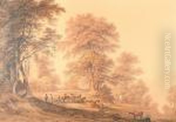 Woodland Landscape With Cattle By An Abbey Oil Painting by John Glover