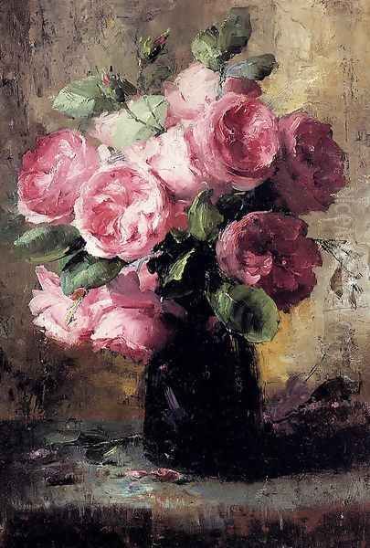 Pink Roses In A Vase Oil Painting by Frans Mortelmans