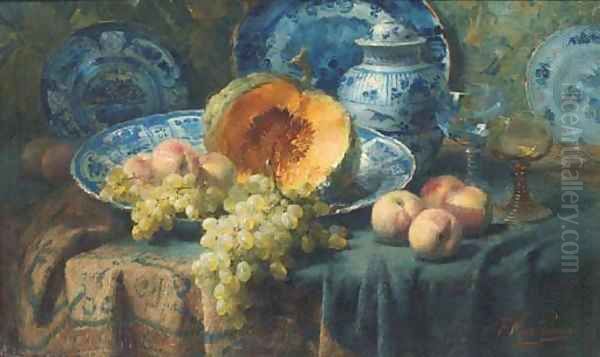 A pumpkin, peaches, and grapes in a china bowl by glasses on a draped table Oil Painting by Frans Mortelmans