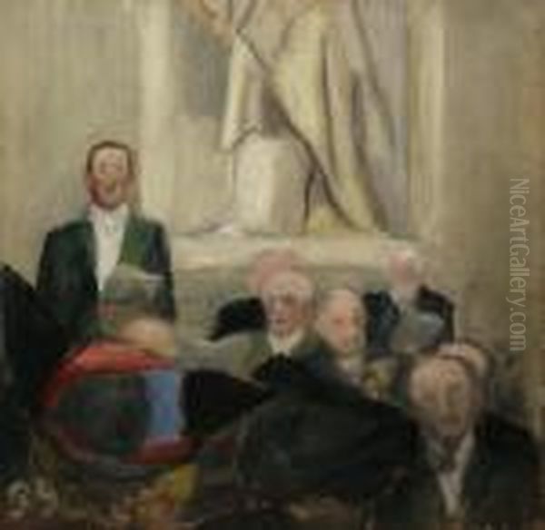 Scene De Reception Avec Paul Valery Etfrancois Mauriac Oil Painting by Paule Gobillard